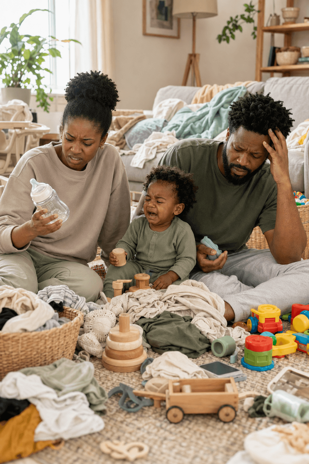 A Black mother and father sitting on the floor with their crying toddler and looking at a baby bottle with frustration
