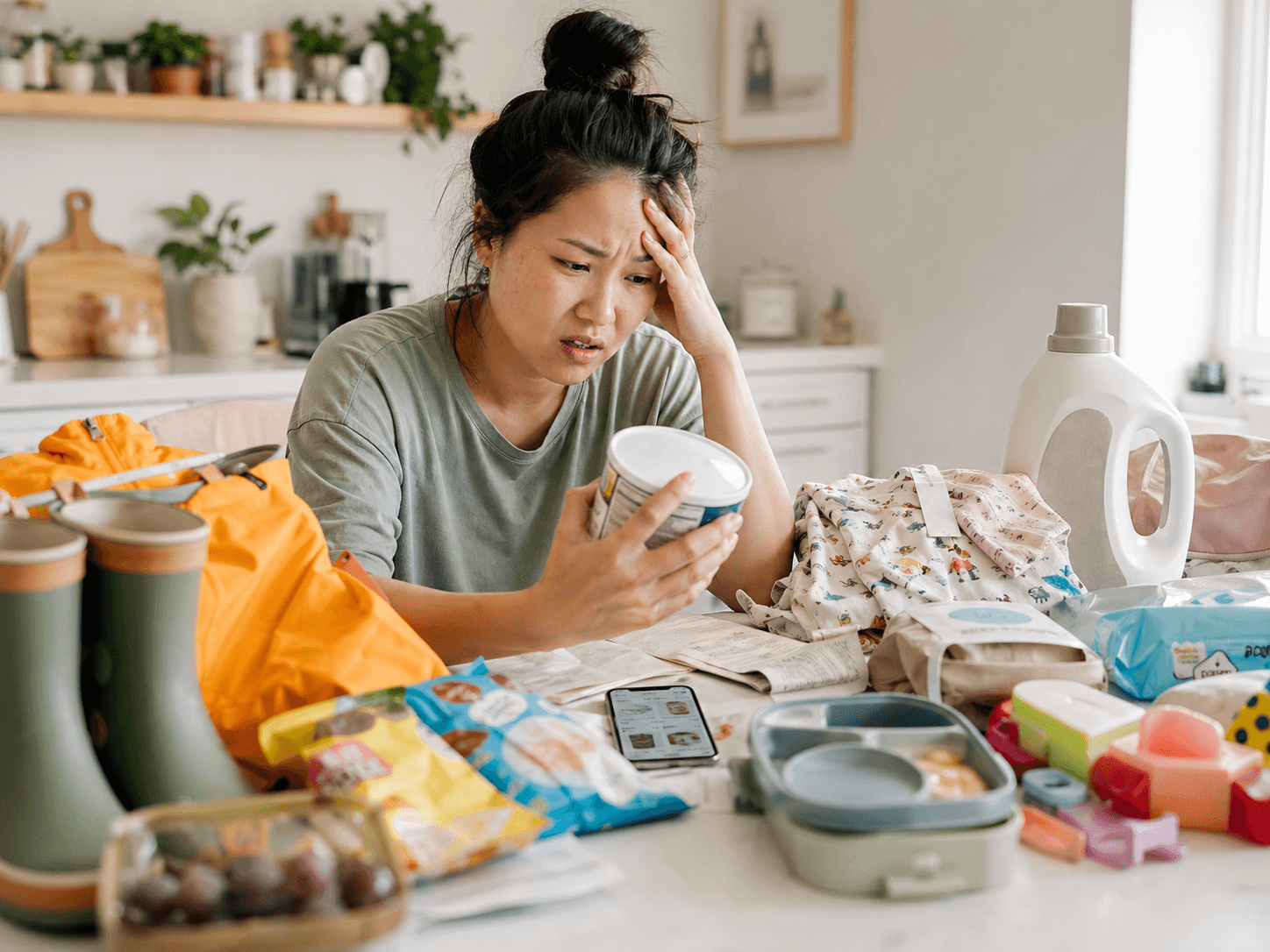 A tired mom in a bright kitchen reading a baby bottle label with frustration