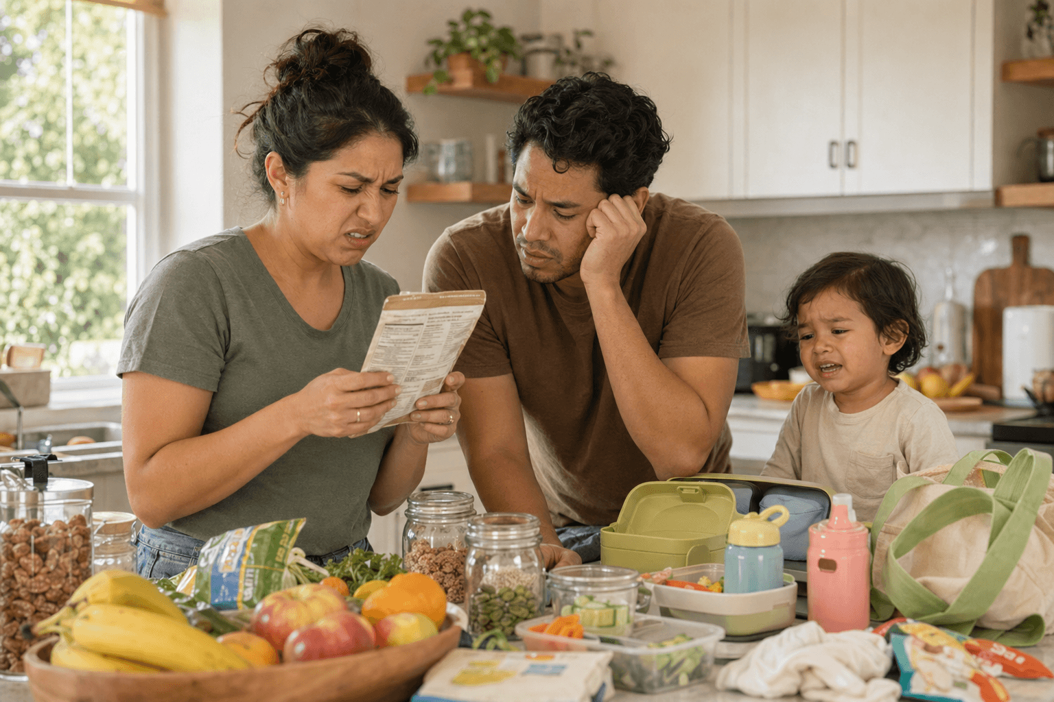 A Latino mother and father reading a food label with disgust while their child fusses in the kitchen