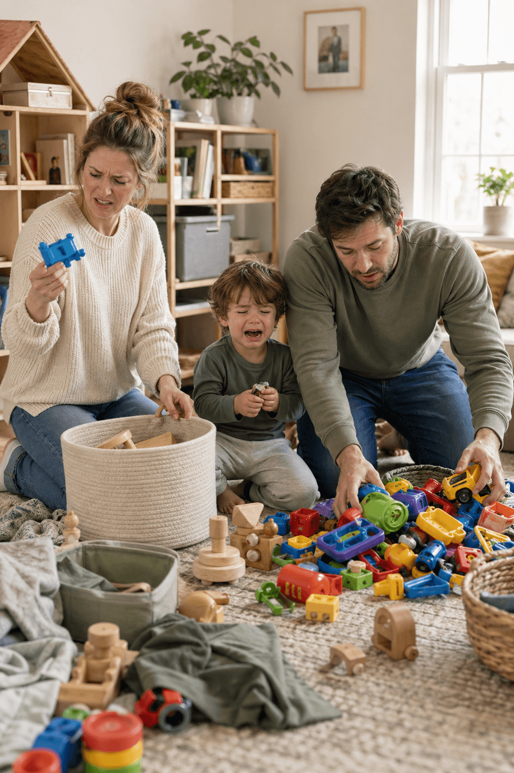 A white mother and father sorting through piles of plastic toys while their child cries