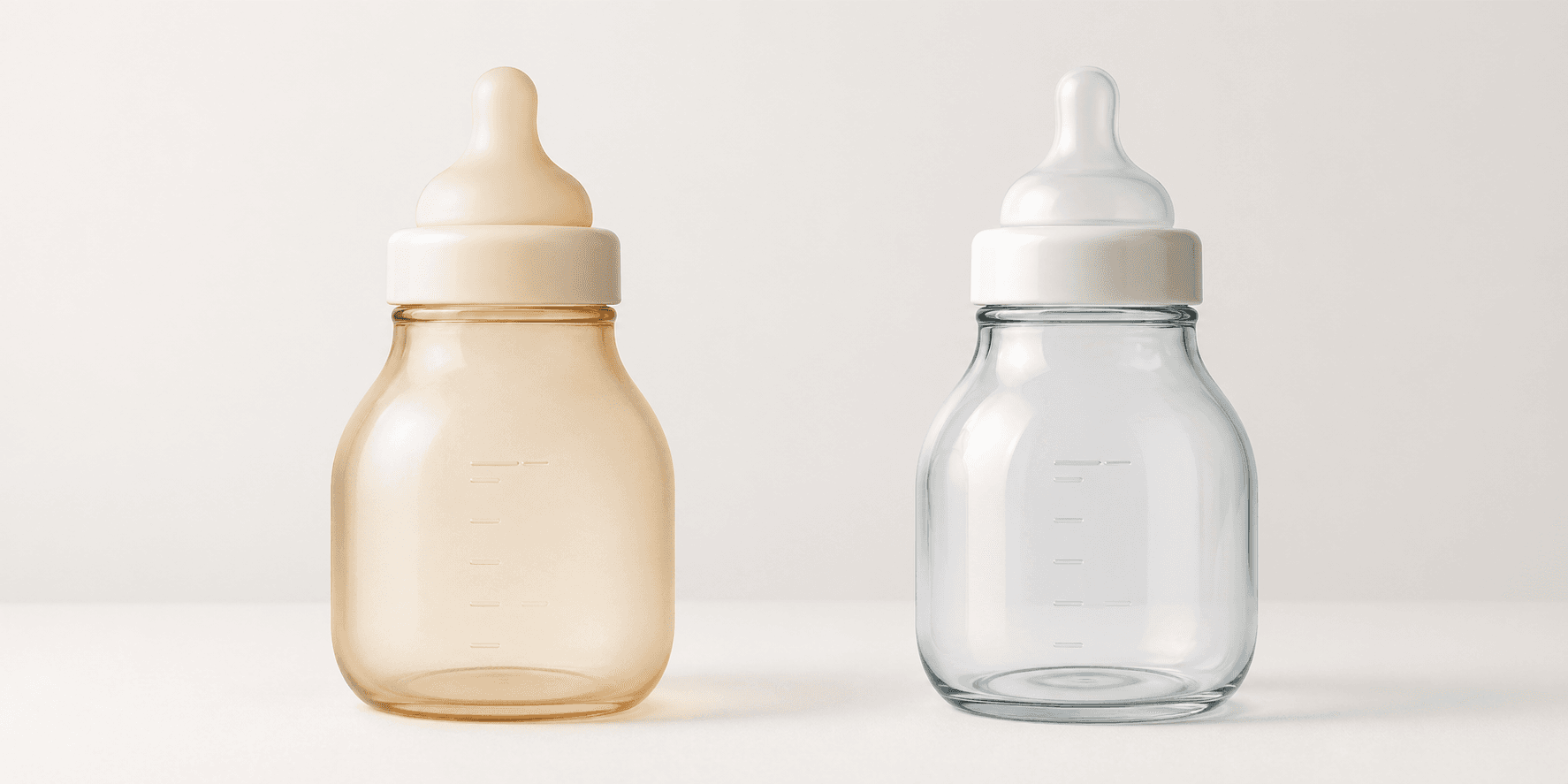 Two baby bottles shown side by side to illustrate why some parents focus on repeated warm plastic contact versus a glass bottle body.