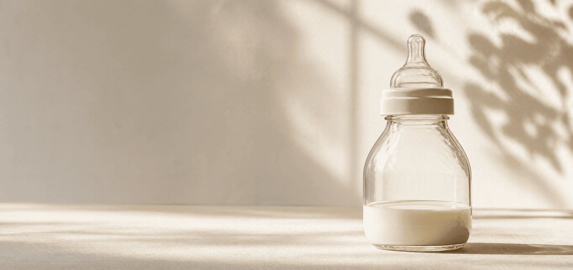 A premium editorial still life of a glass baby bottle in warm morning light.