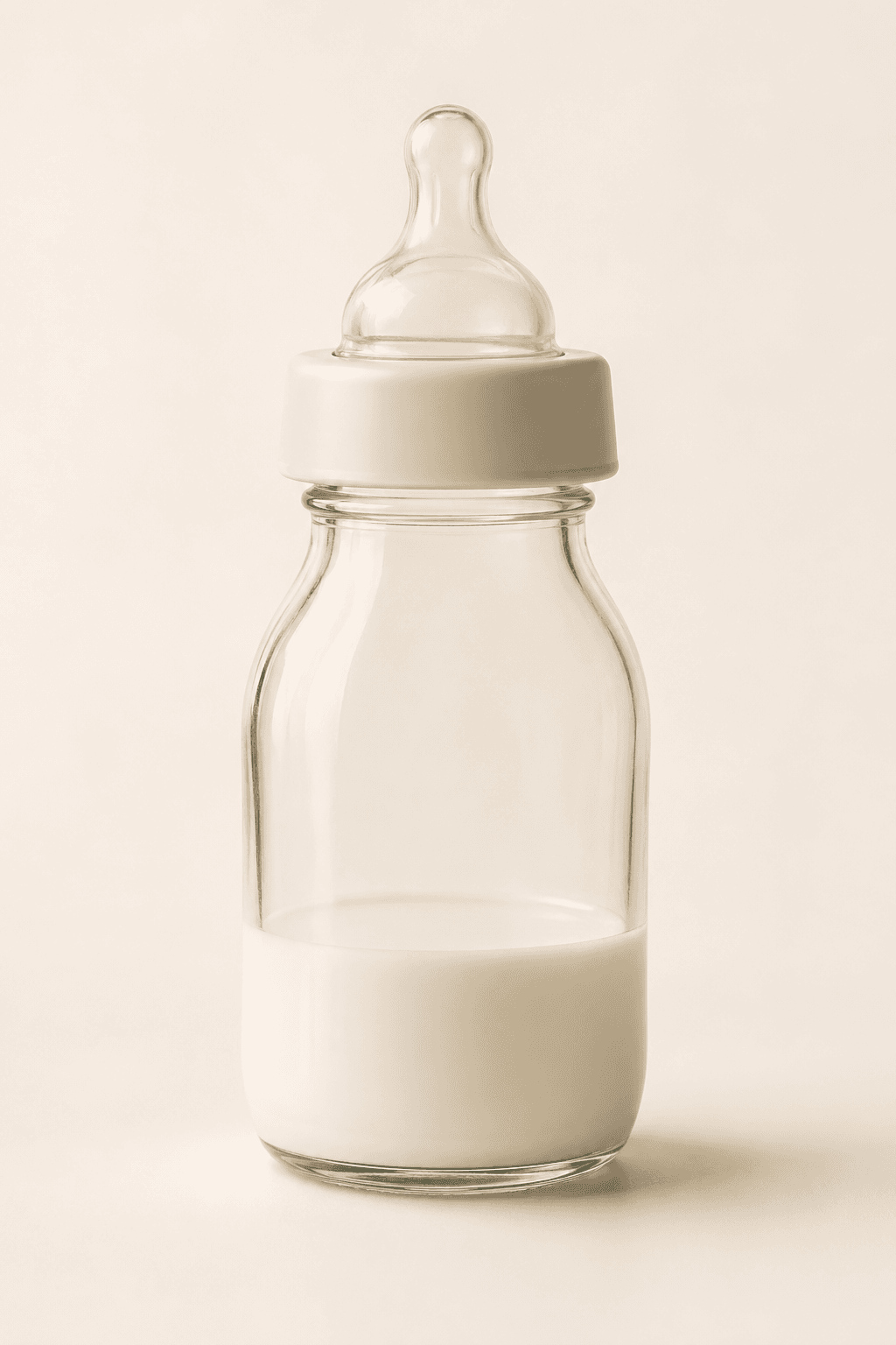 Close-up of a glass baby bottle showing the nipple, collar, and glass body.