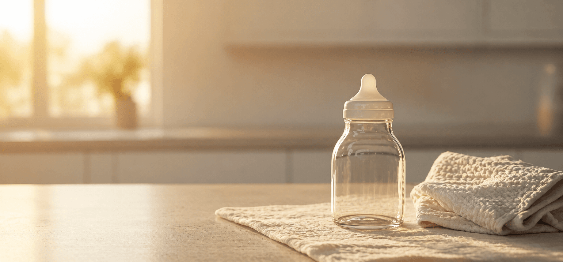 A glass baby bottle drying beside a folded burp cloth on a kitchen counter at sunrise.